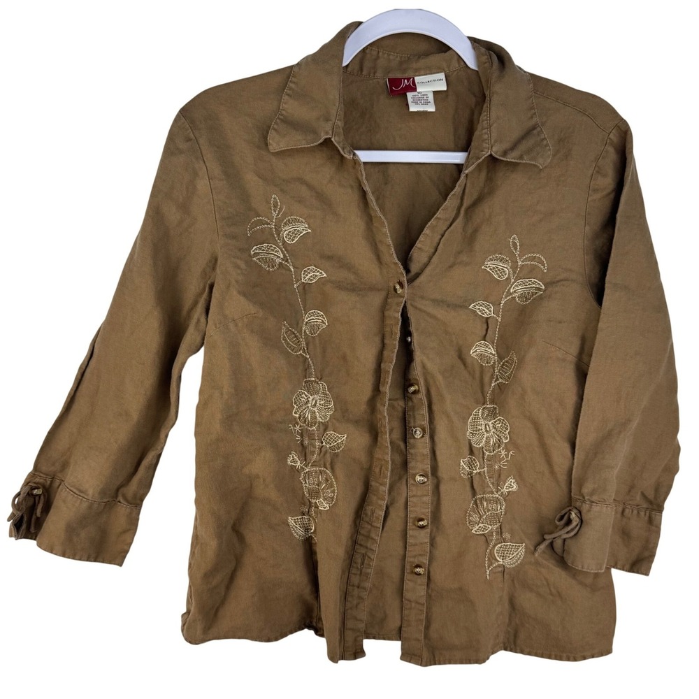 JM Collection Brown 100% Linen Embroidered Floral 3/4 Sleeve Button Down Top 10